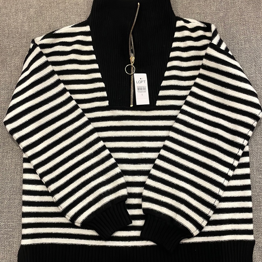 Small LOFT Sweater - Black and White Stripes with Gold Zipper